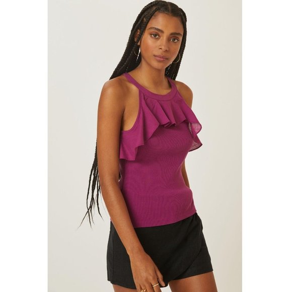 Maeve Anthropologie Ruffled Rib Halter Tank Blouse Top Purple Solid S NWD - Picture 1 of 10